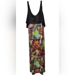 Just Love Tropical Colorful Sleeveless Maxi Dress W Black Chiffon Overlay L